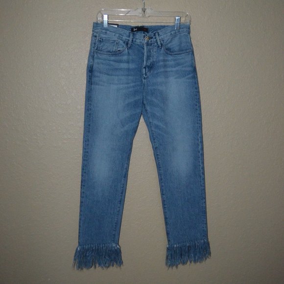 NWT $295 Sz 25 3x1 NYC Revolve Stella Cropped Straight Fringe Frayed Hem Jeans - Picture 1 of 8